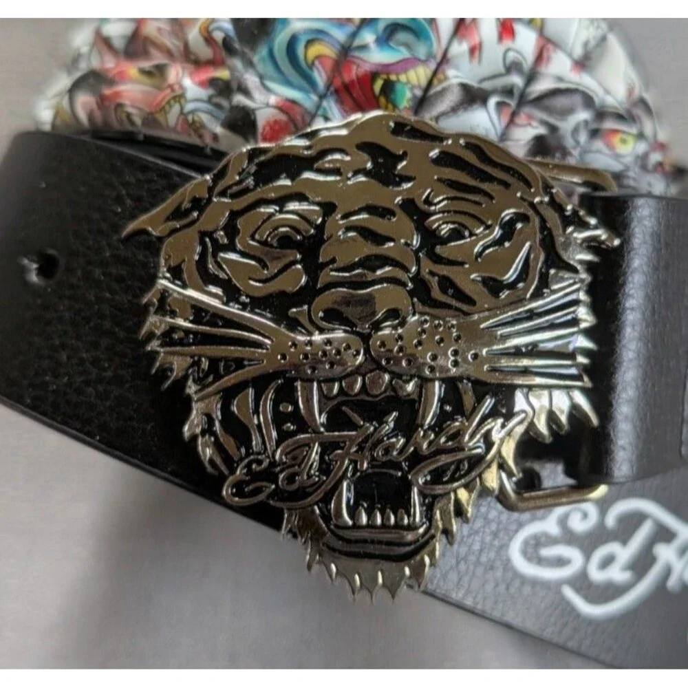 Ed Hardy Tiger Buckle Tattoo Print Studded Belt Men's Size 38 NEW!